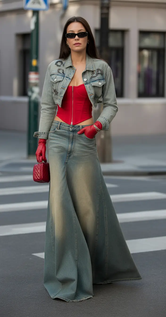 early spring outfits Denim Maxi Drama With a Red Corset Twist