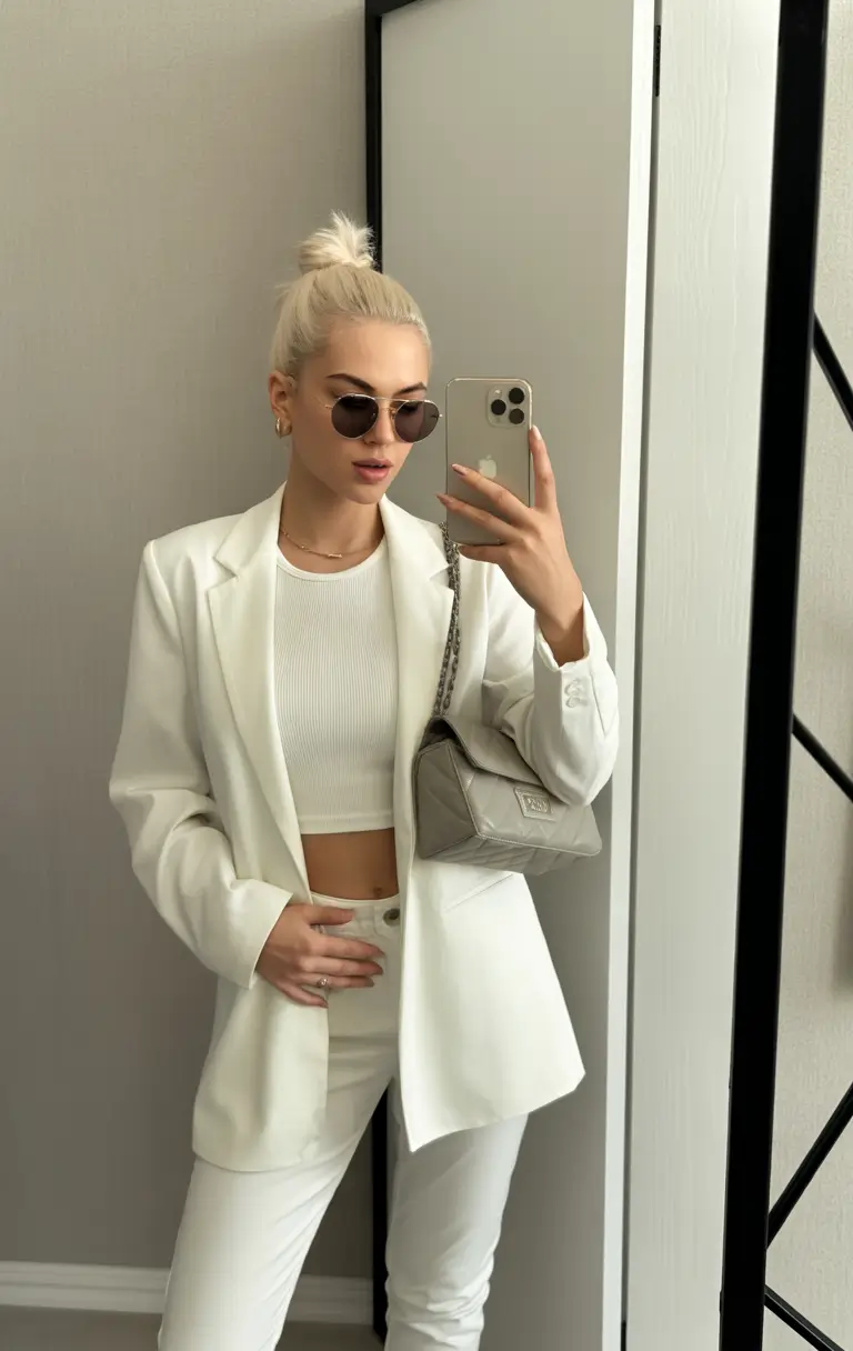 early spring outfits All-White Suiting With a Cropped Top for Clean Spring Confidence
