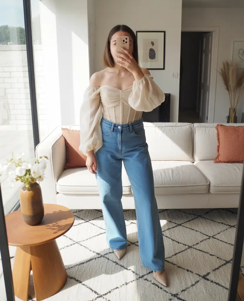early spring outfits Sheer Romantic Corset Top With Wide Jeans for Soft Glam Denim