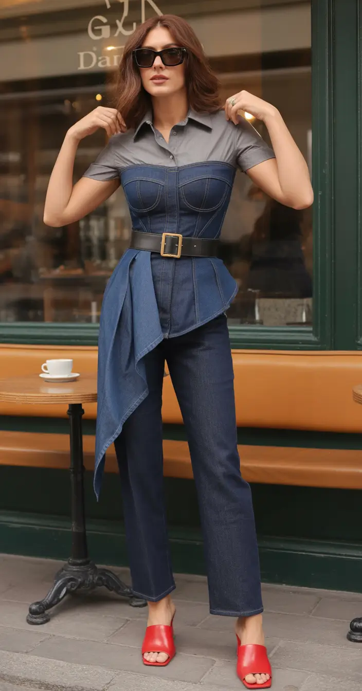 early spring outfits Dark Denim Corset Layering for a Chic City Lunch
