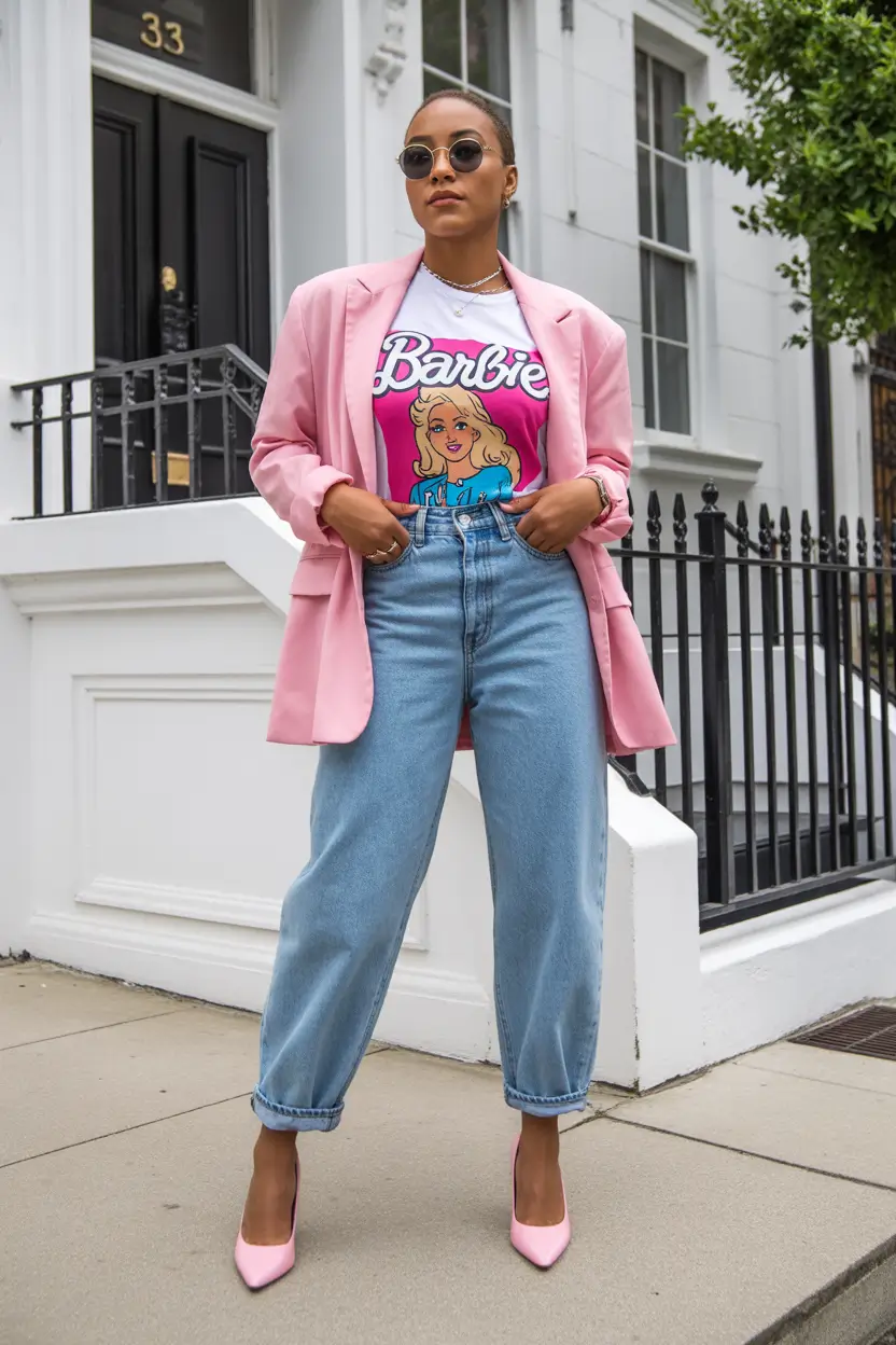 early spring outfits Pink Blazer With a Graphic Tee for Playful City Street Style