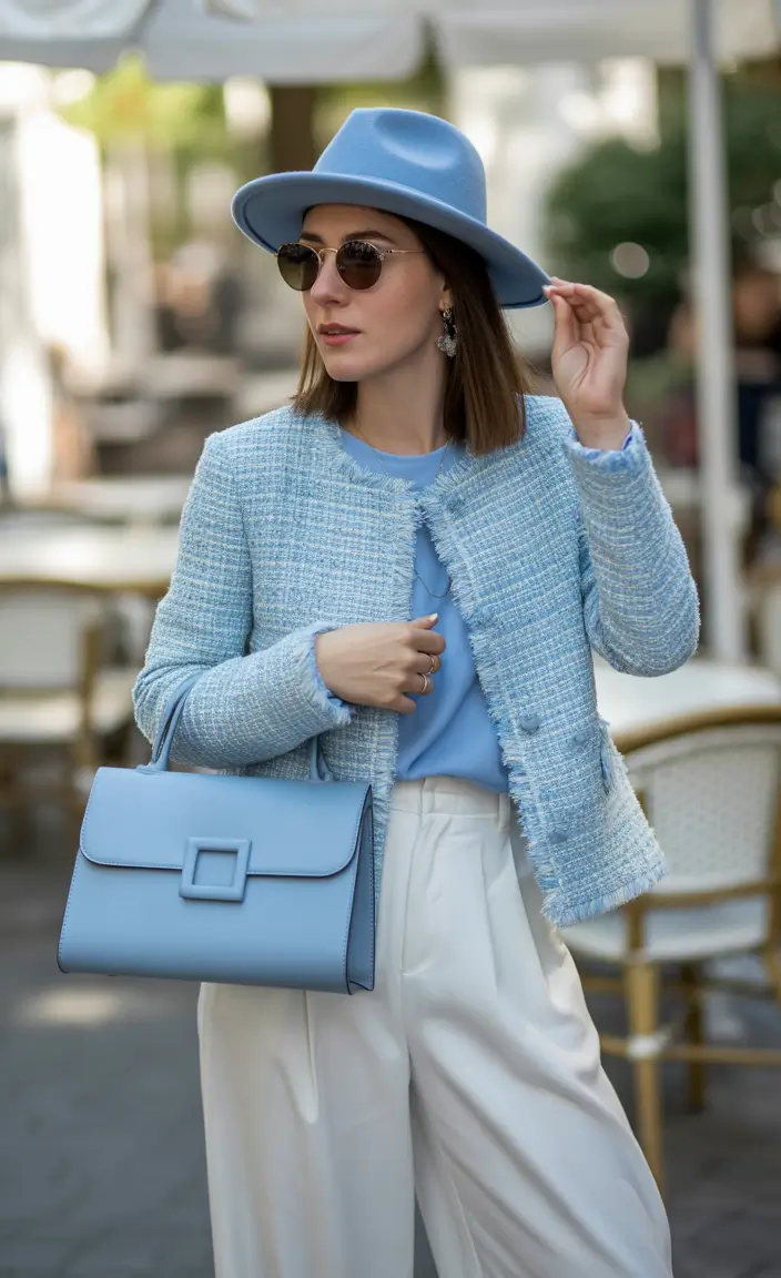 early spring outfits Powder Blue Tweed and Cream Trousers for Café-Ready Elegance