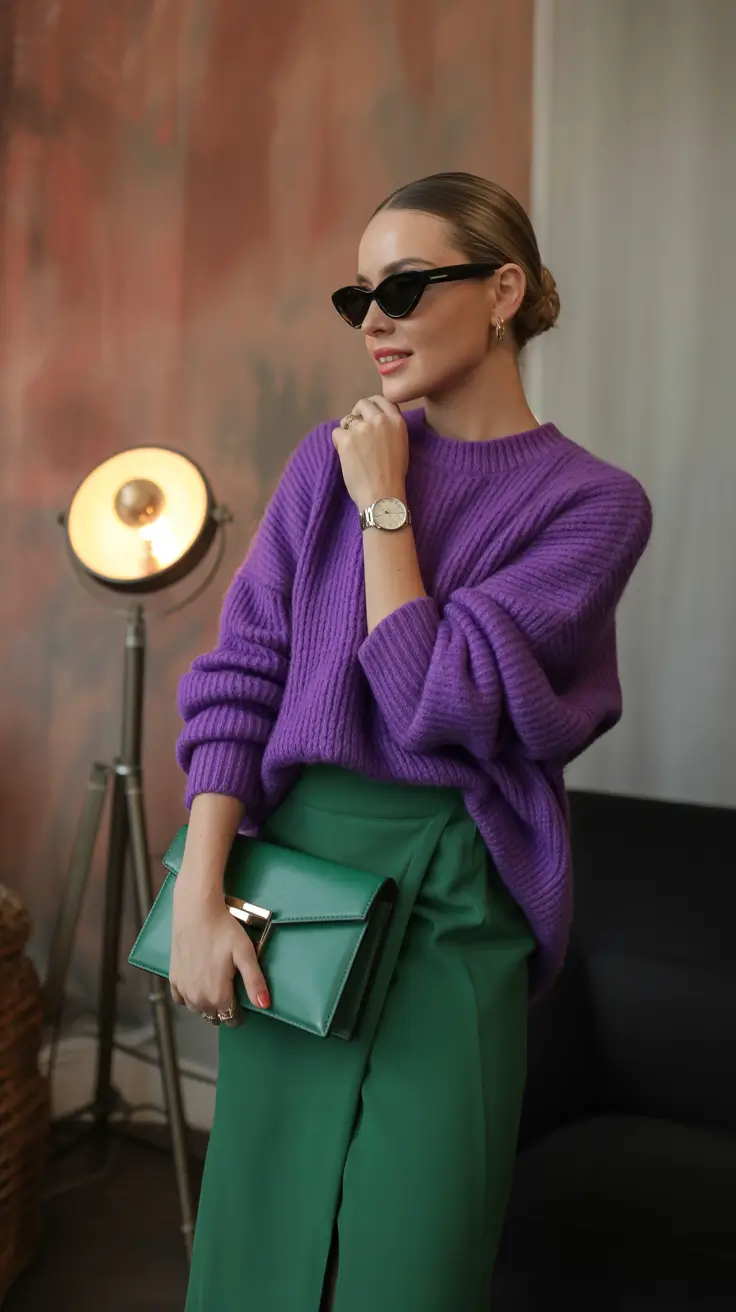 early spring outfits Purple Knit and Green Skirt for Fashion-Girl Color Clash