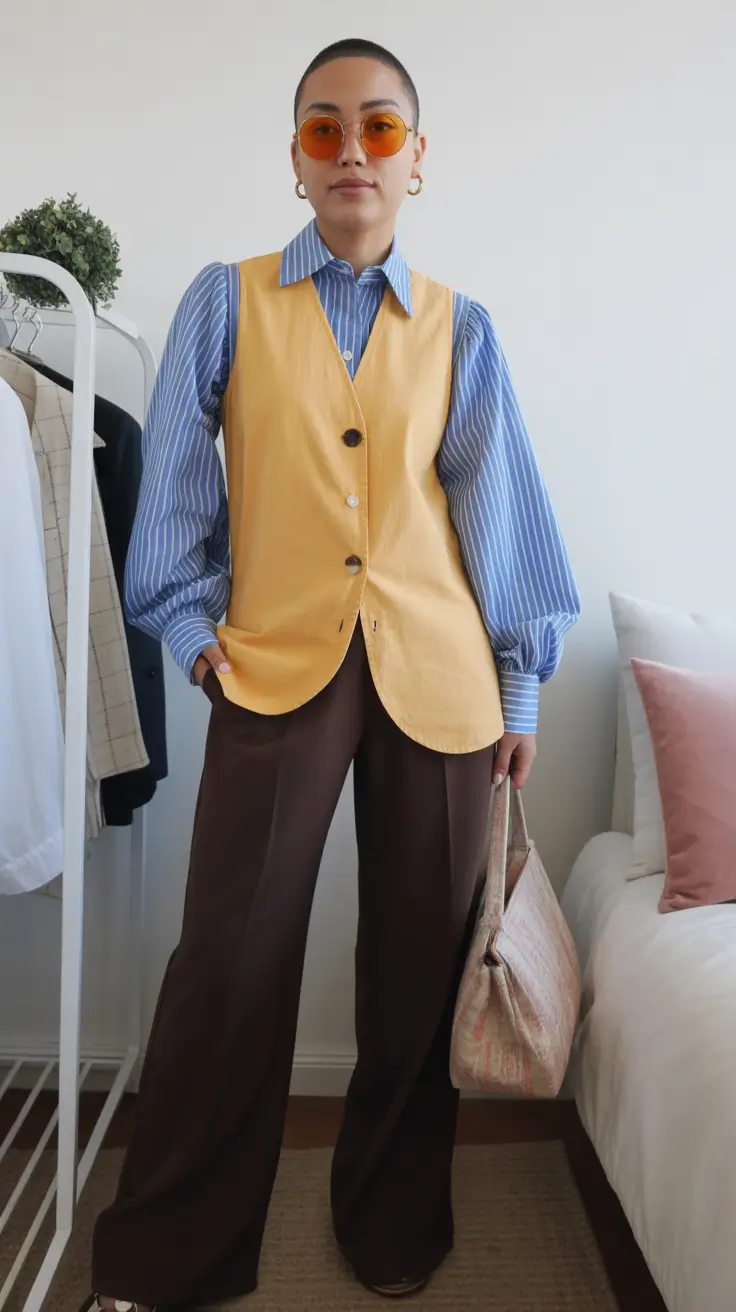 early spring outfits Preppy-Soft Layering With a Yellow Vest and Wide Pants
