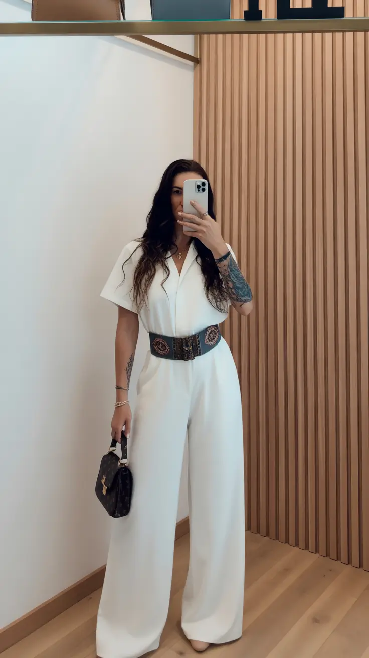 early spring outfits Minimalist White Jumpsuit With a Statement Belt