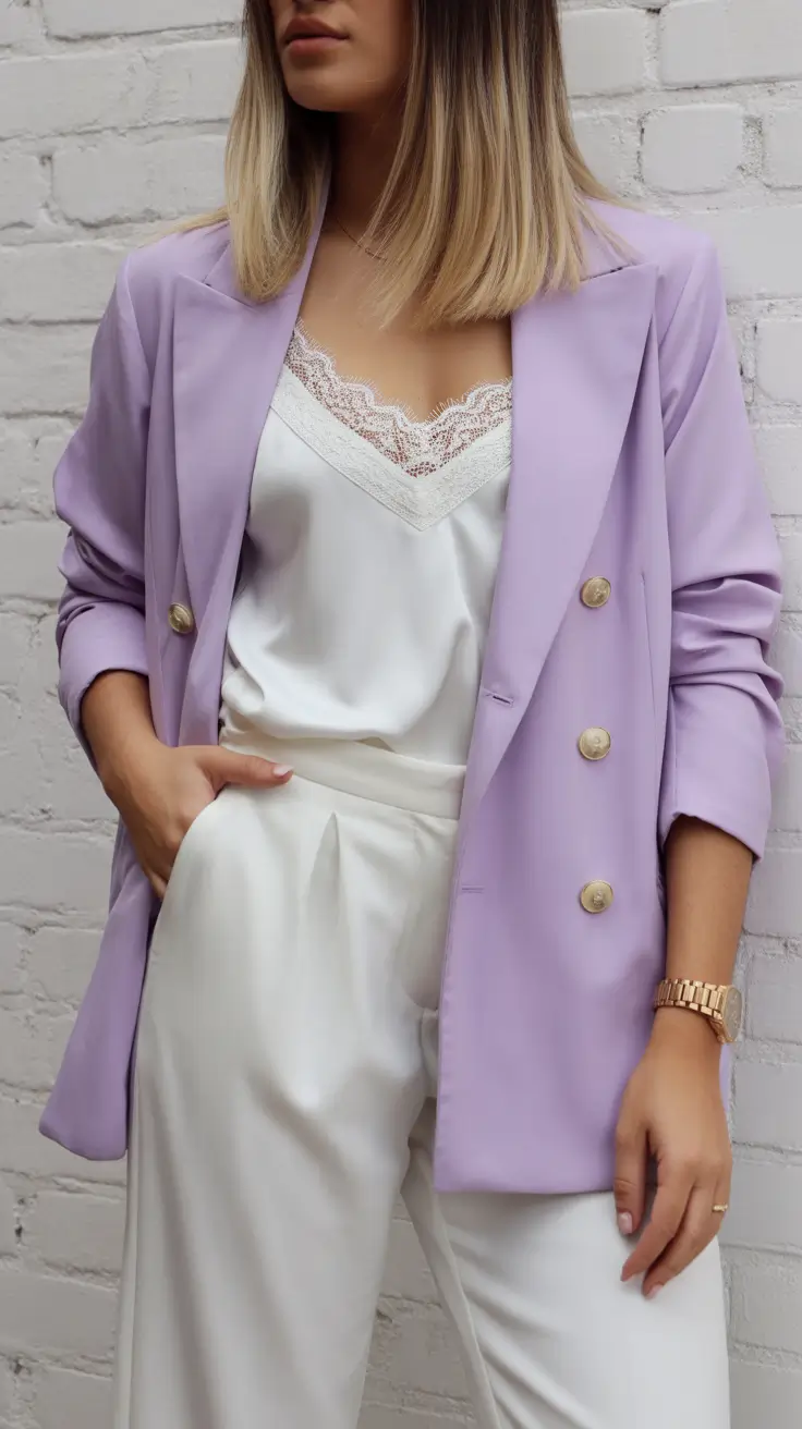 early spring outfits Lavender Blazer Over Satin Lace for Soft Power Spring