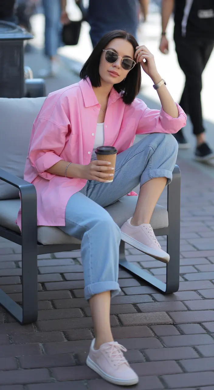 early spring outfits Soft Pink Overshirt and Light Denim for Everyday Spring Ease