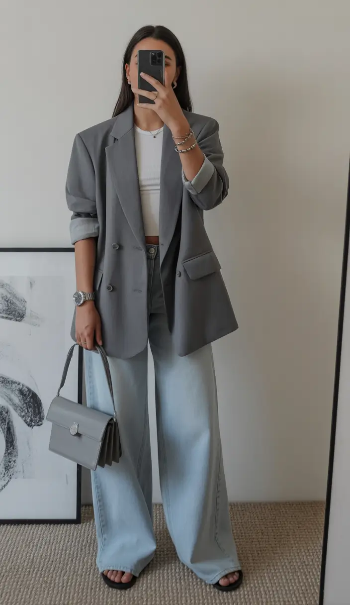 early spring outfits Relaxed Gray Blazer With Wide Jeans for Modern Office Casual