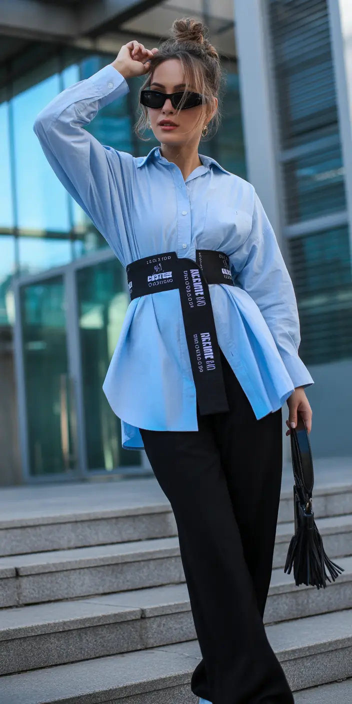 early spring outfits Statement Belted Blue Shirt for City Power Dressing