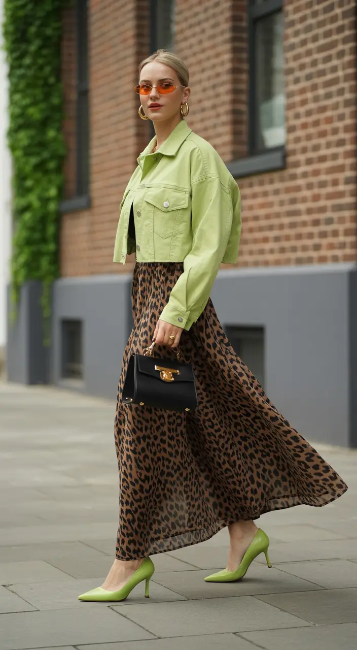 early spring outfits Green Cropped Jacket and Leopard Skirt for Playful Contrast