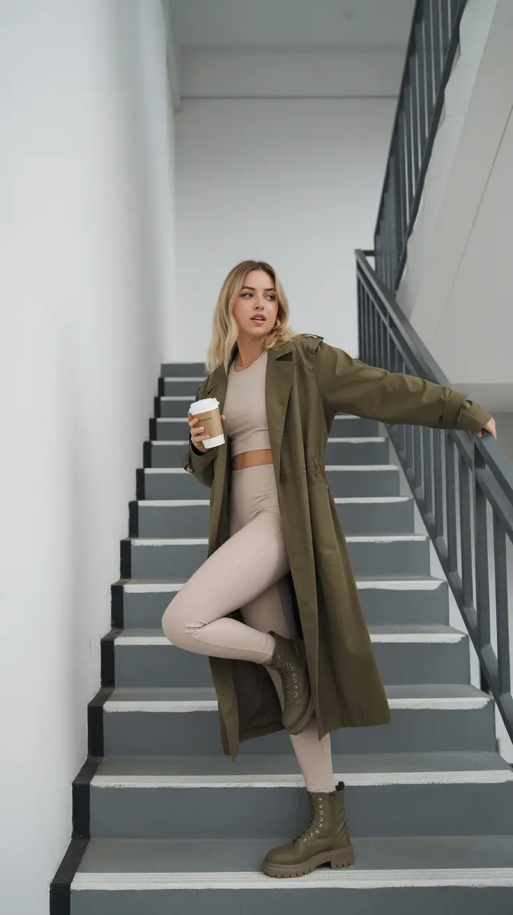 leggings outfit spring Neutral Leggings with Trench Coats for Everyday Elegance