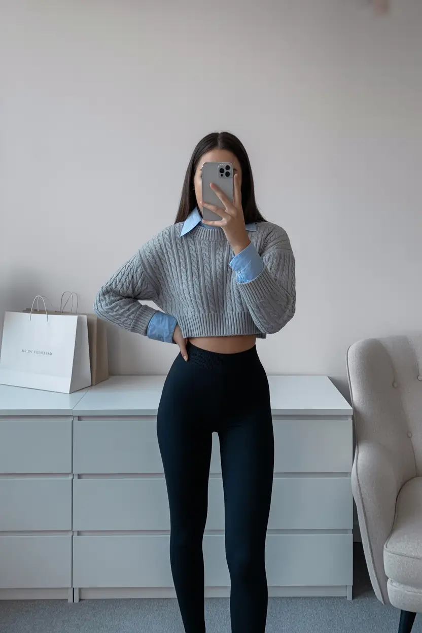 leggings outfit spring Classic Black Leggings with Preppy Knit Layers