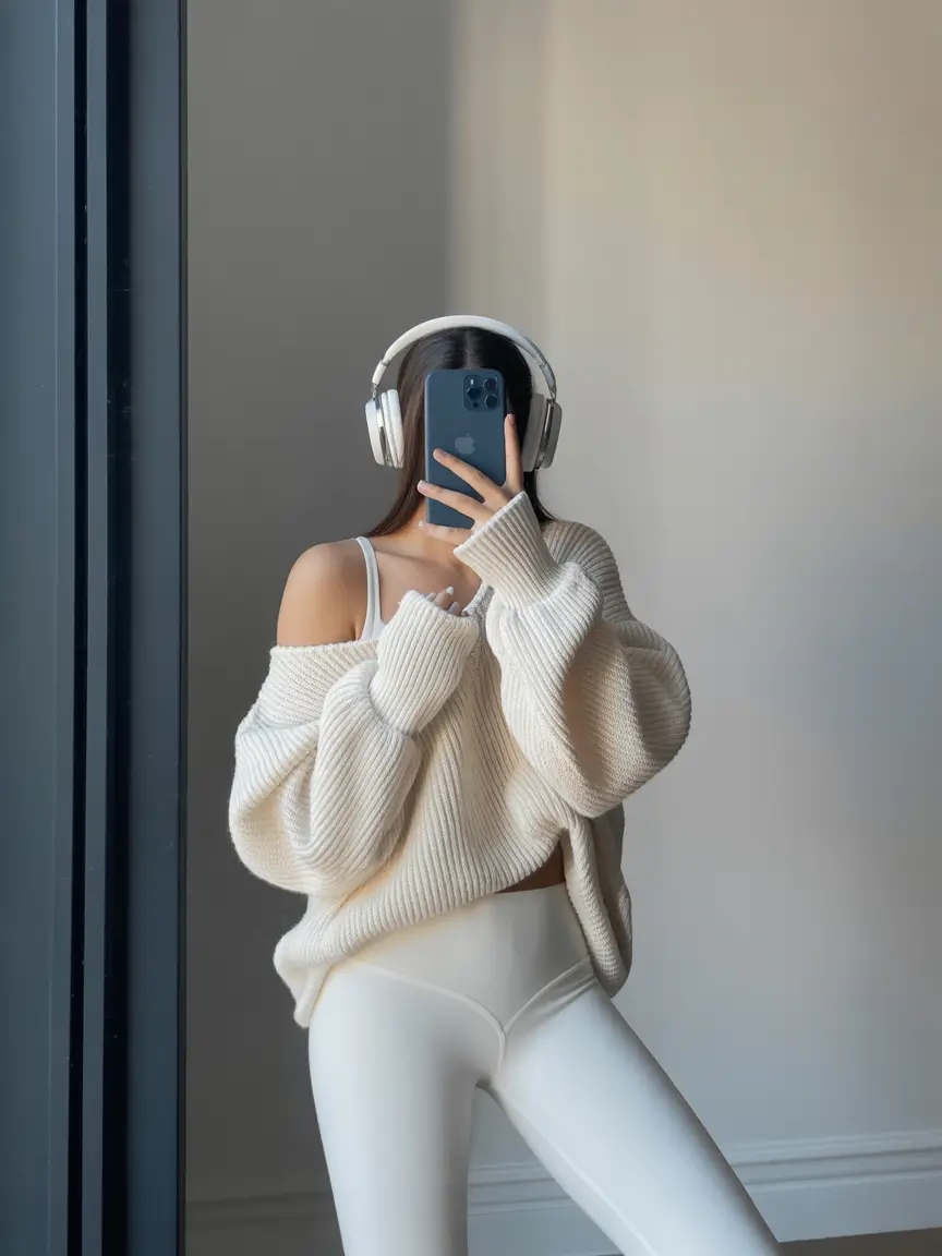 leggings outfit spring Soft White Leggings and Cozy Off-Duty Minimalism