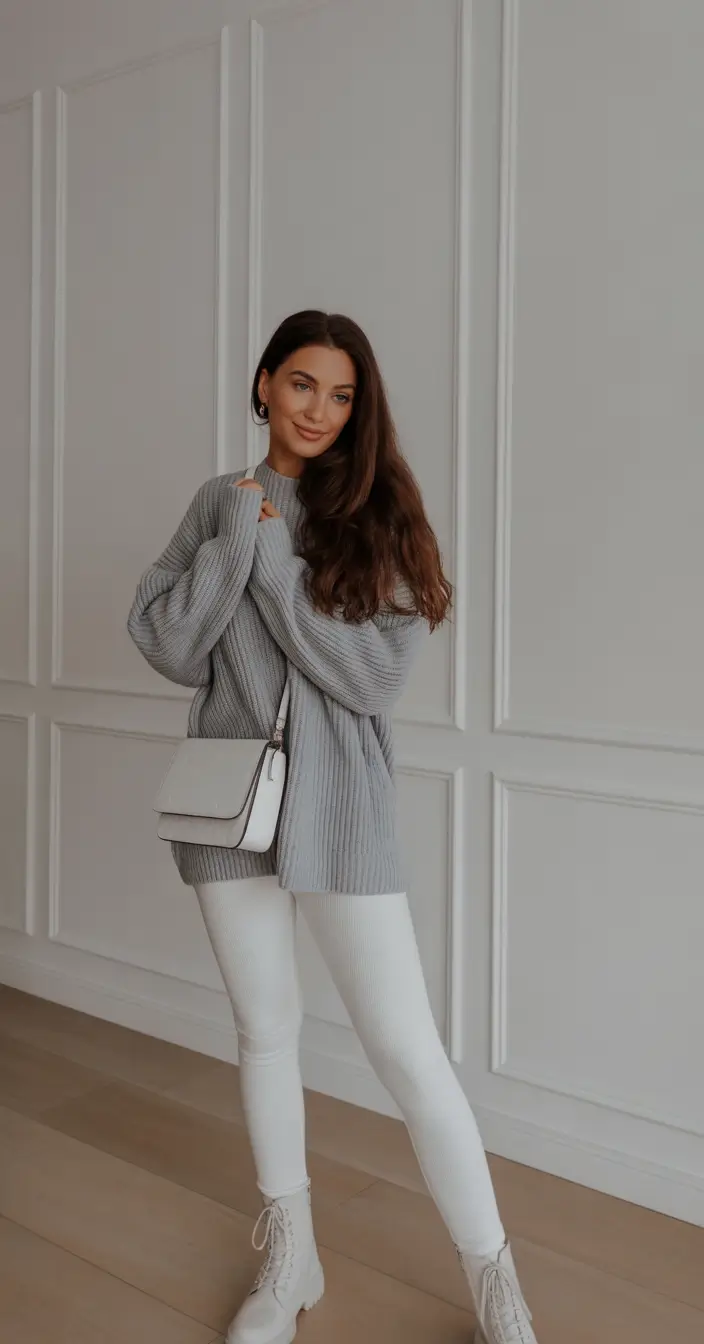 leggings outfit spring Grey Sweater Dressing with Bright Spring White Leggings