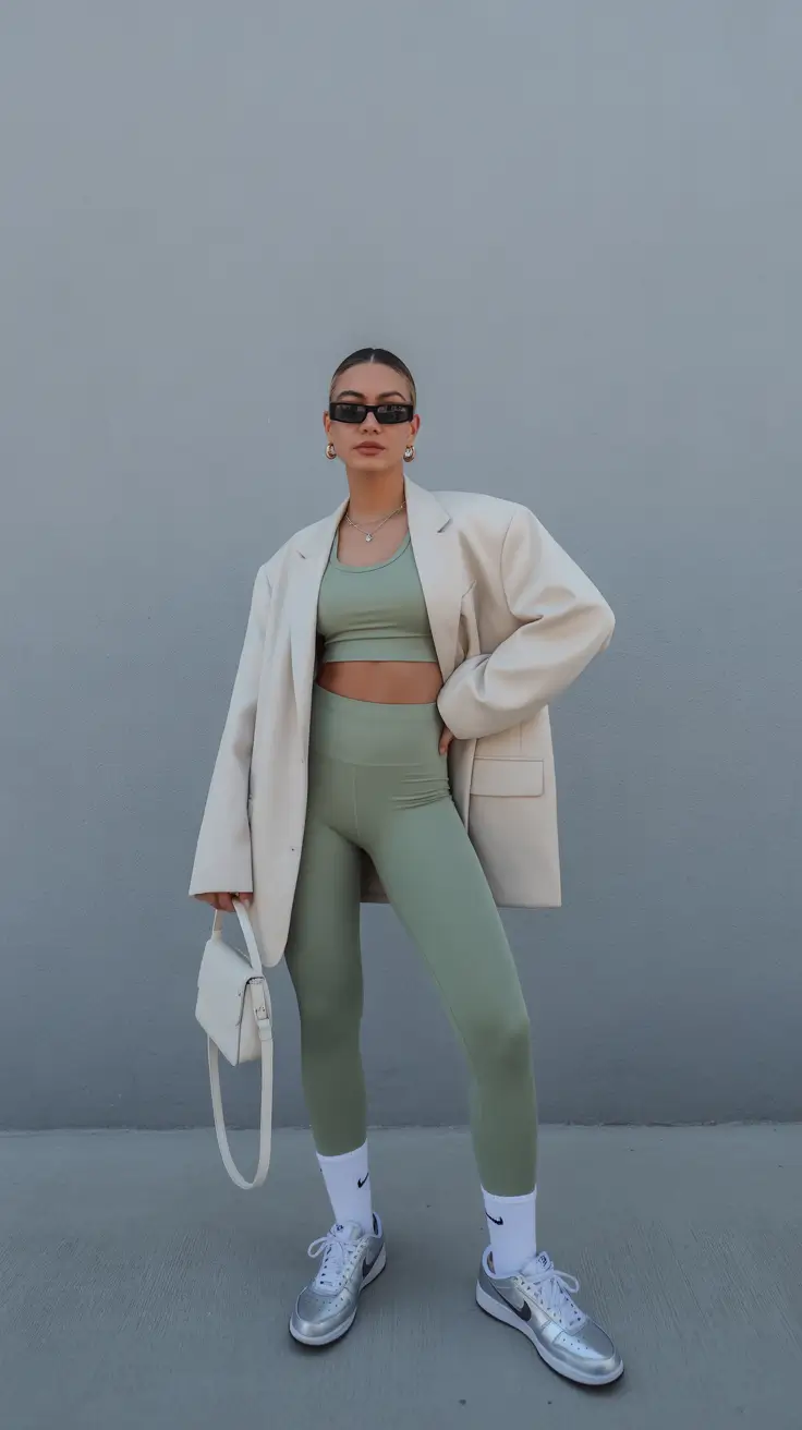 leggings outfit spring Green Matching Sets with a Blazer Twist