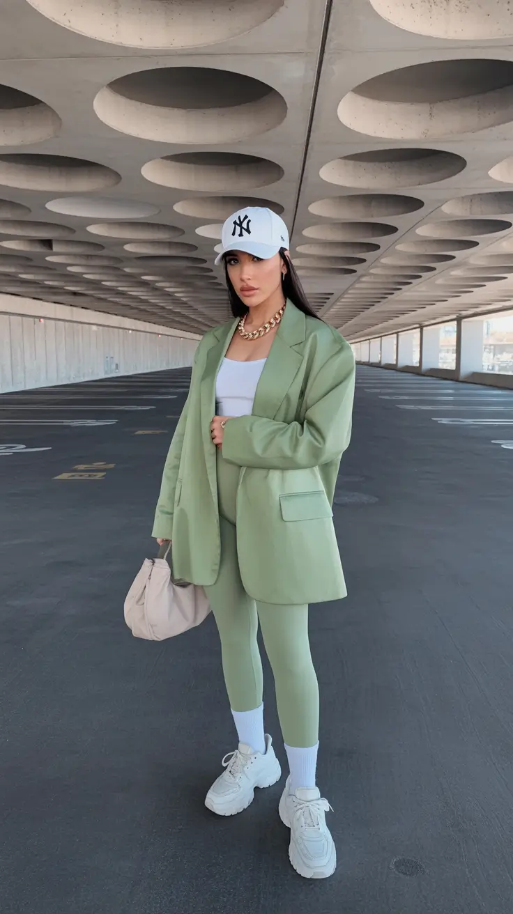 leggings outfit spring Monochrome Green Blazer Sets for Modern Athleisure