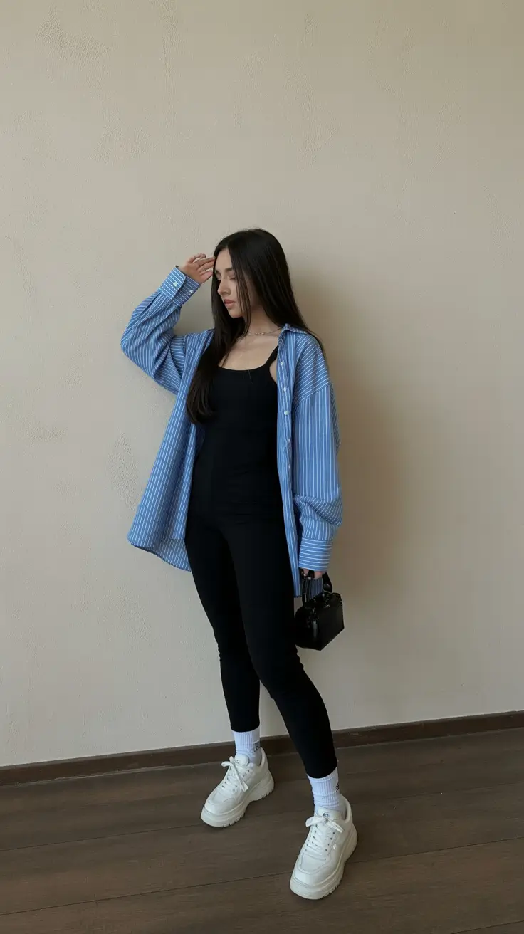 leggings outfit spring Blue Shirt Layers That Make Black Leggings Feel Fresh Again
