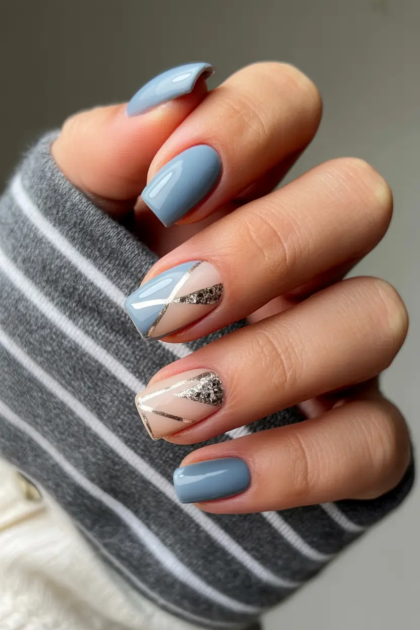 spring nails square Dusty Blue Geometric Square Nails with Metallic Accents