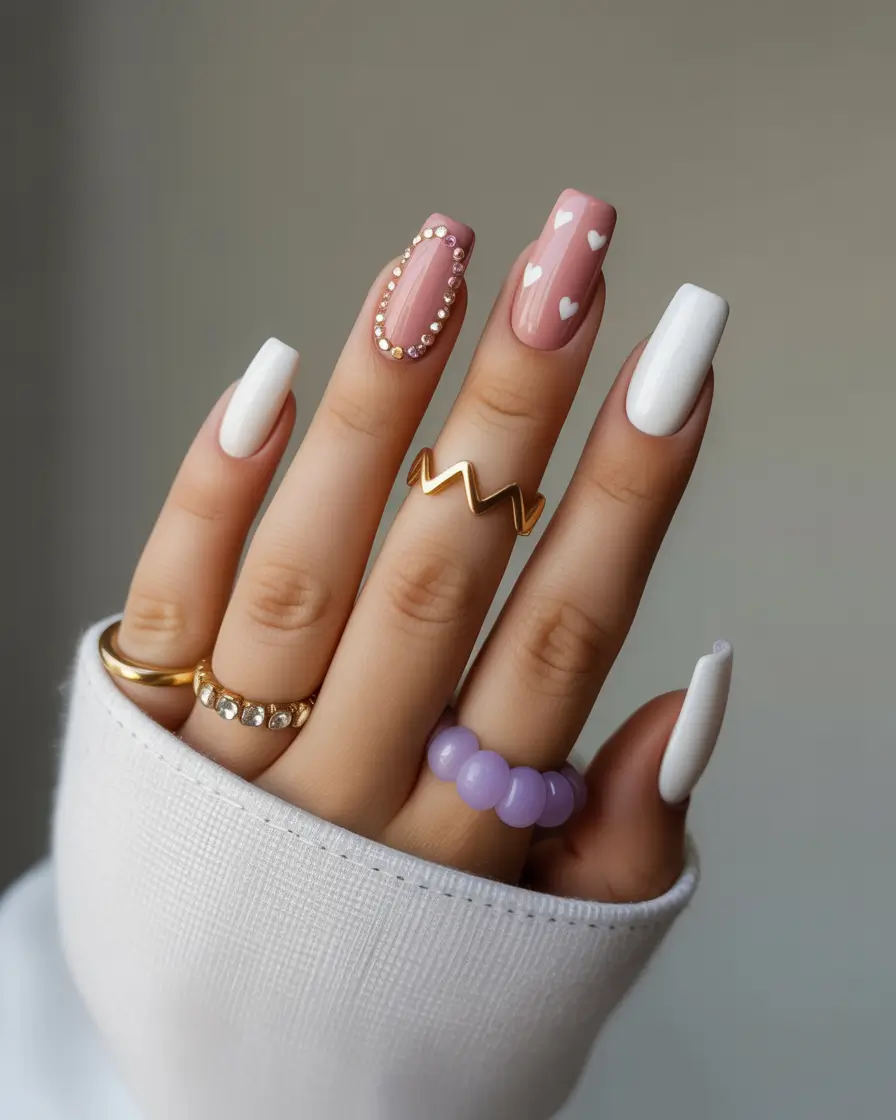 spring nails square Romantic Pink and White Square Nails with Heart Details