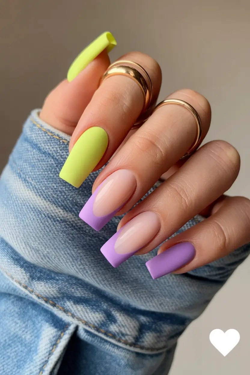 spring nails square Pastel Purple and Neon Yellow Square Nails for Bold Spring Energy
