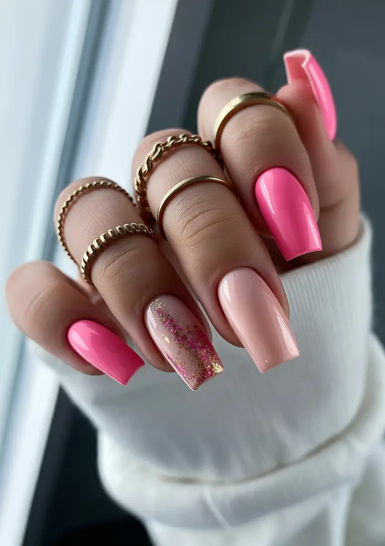 spring nails square Glossy Pink Square Nails with Gold Glitter Accent