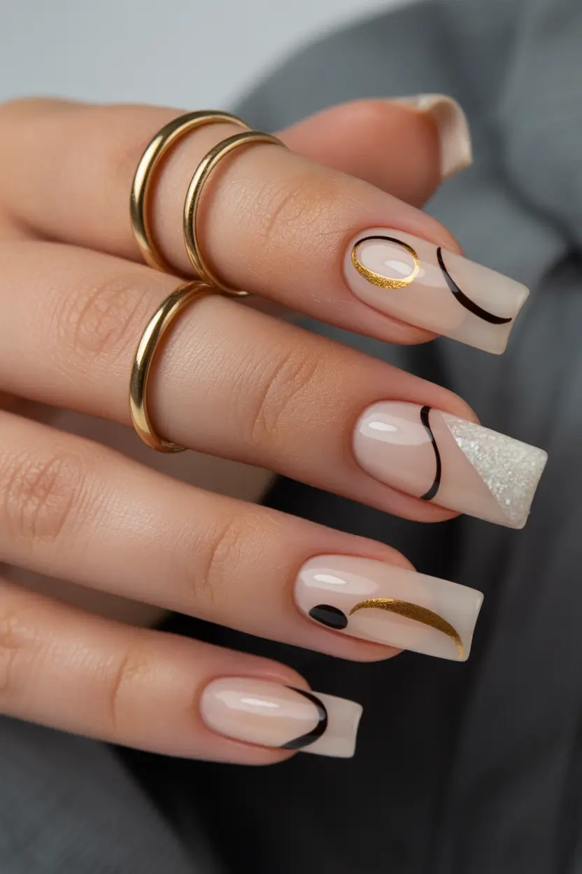 spring nails square Abstract Minimalist Square Nails with Modern Line Art