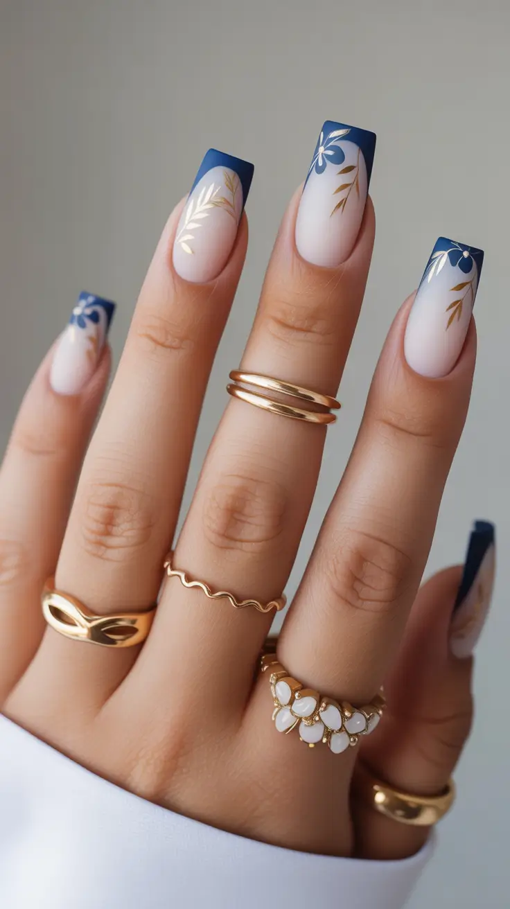 spring nails square Blue Floral Square Nails with Quiet Luxury Energy