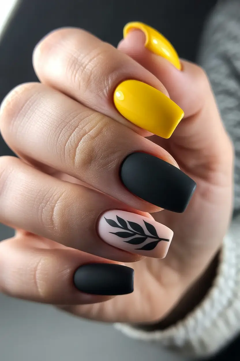 spring nails square Bold Yellow and Black Botanical Square Nails