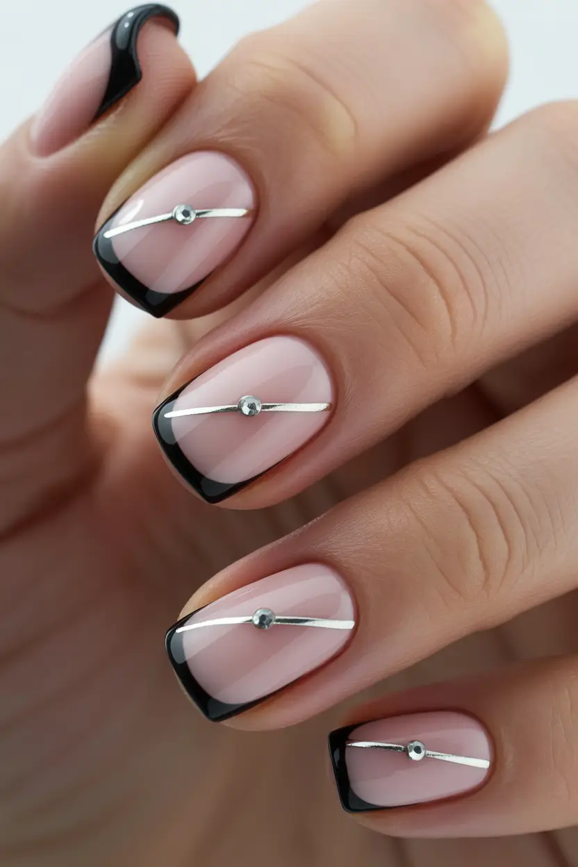 spring nails square Graphic Black French with Silver Line Precision