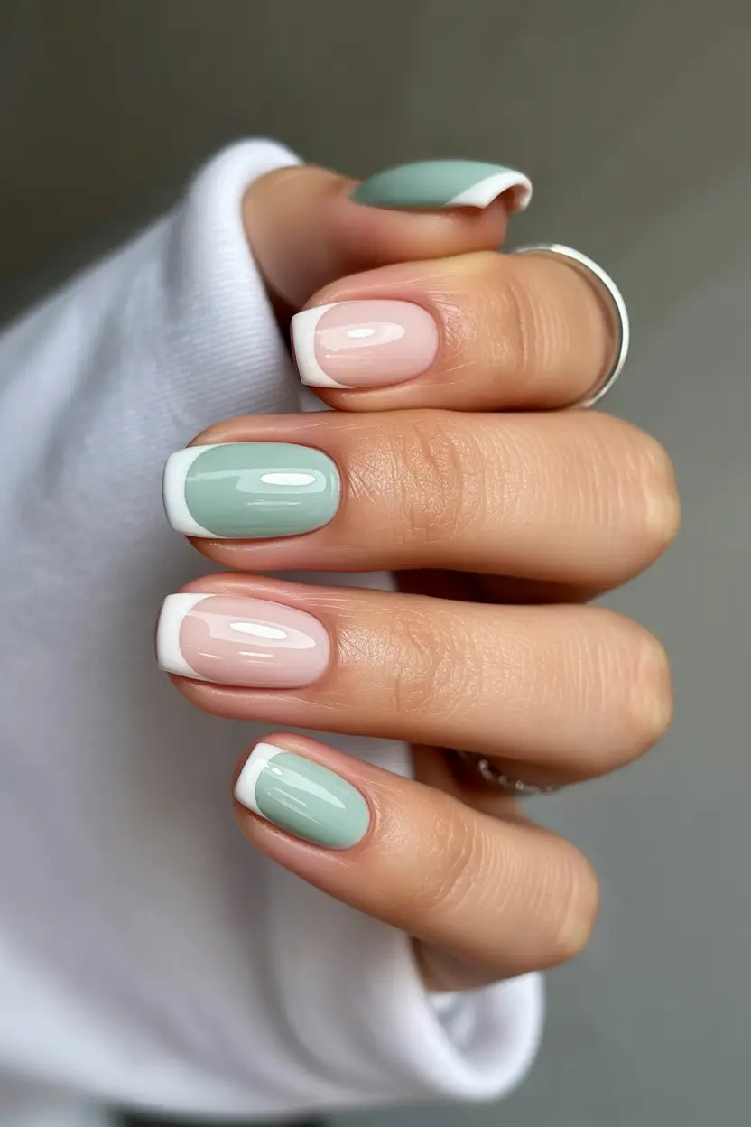 spring nails square Mint and Classic White French in a Modern Square