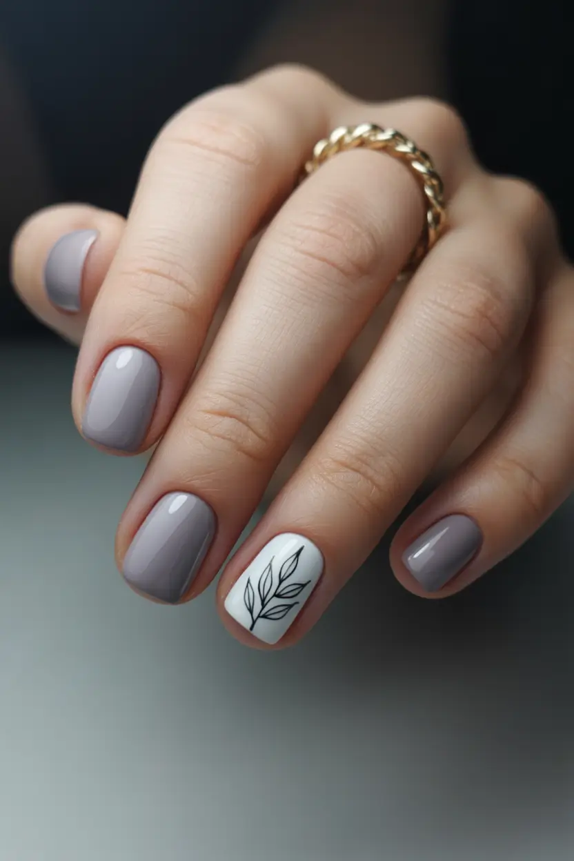 spring nails square Muted Lavender Square with Delicate Black Leaf Art