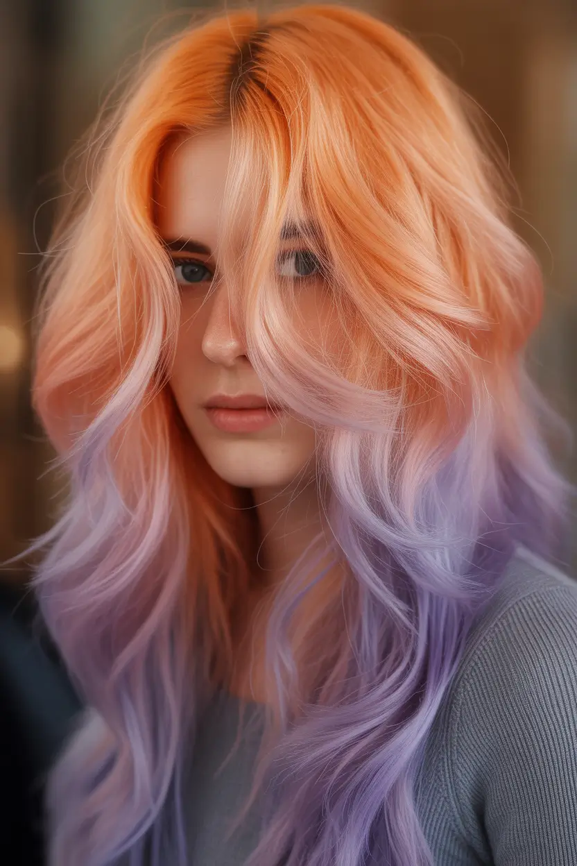 spring ombre hair color Peach Sunrise Ombre With Dreamy Lavender Ends