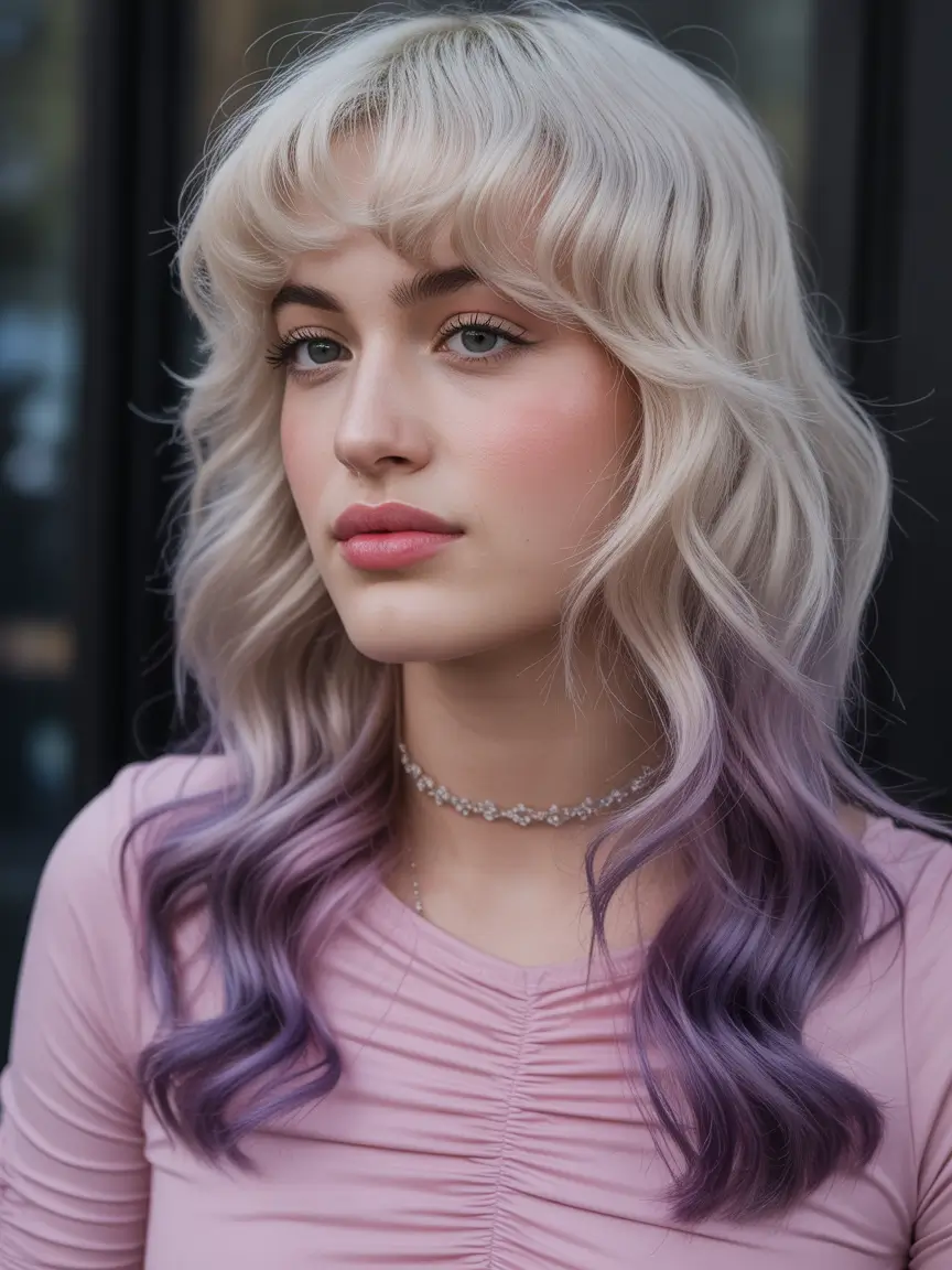 spring ombre hair color Soft Blonde Shag With Lavender Ombre Ends And Bangs