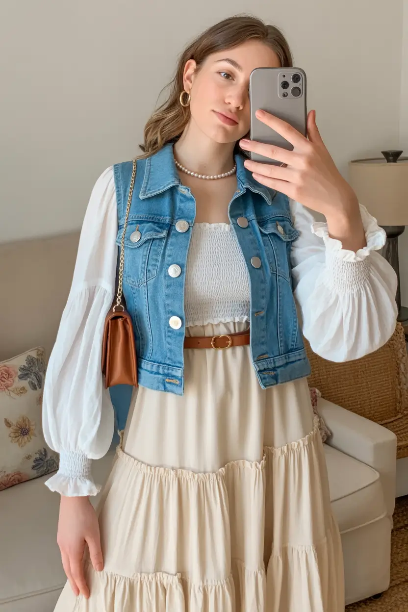 Spring vacation outfits Denim Vests and Soft Dresses for Cute Spring Layering
