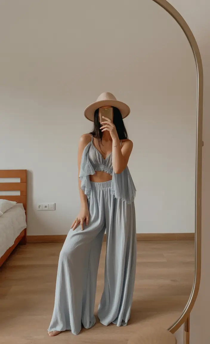 Spring vacation outfits Dusty Blue Two-Piece Sets for Relaxed Vacation Minimalism