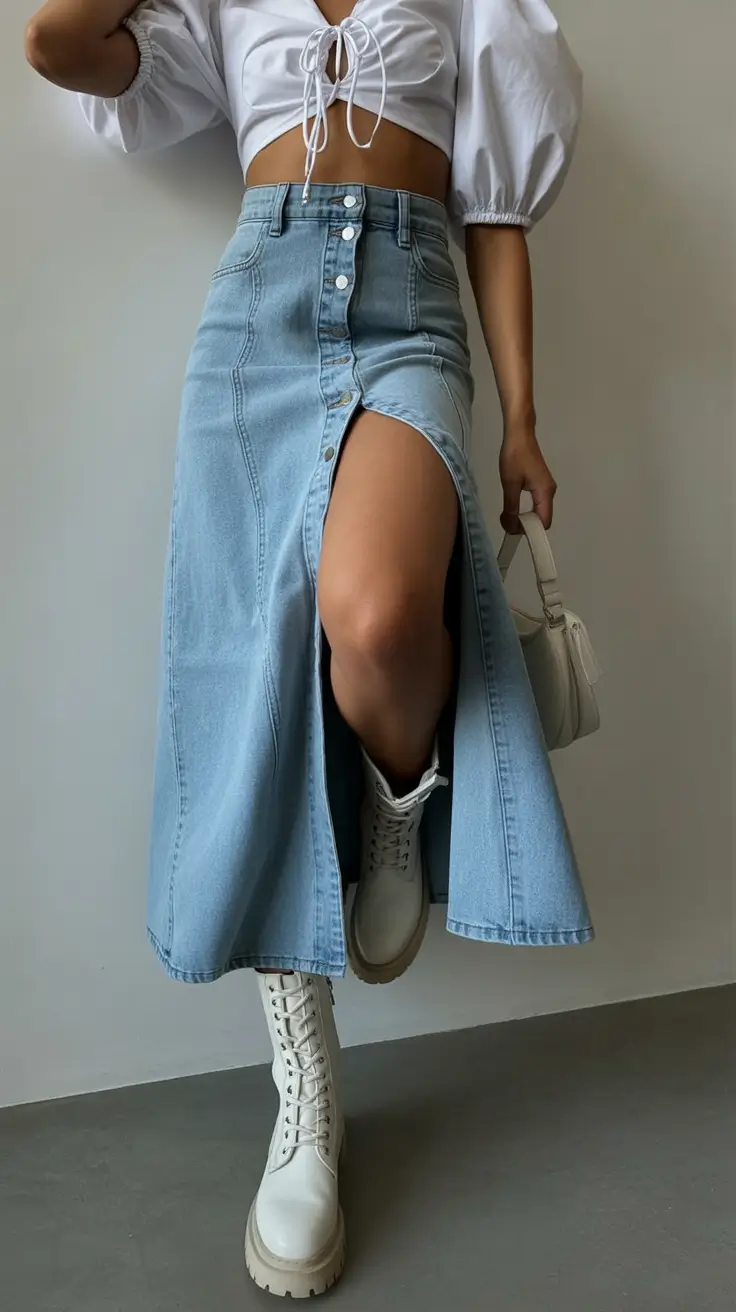 Spring vacation outfits Denim Maxi Skirts and Boots for Cool Spring City Energy