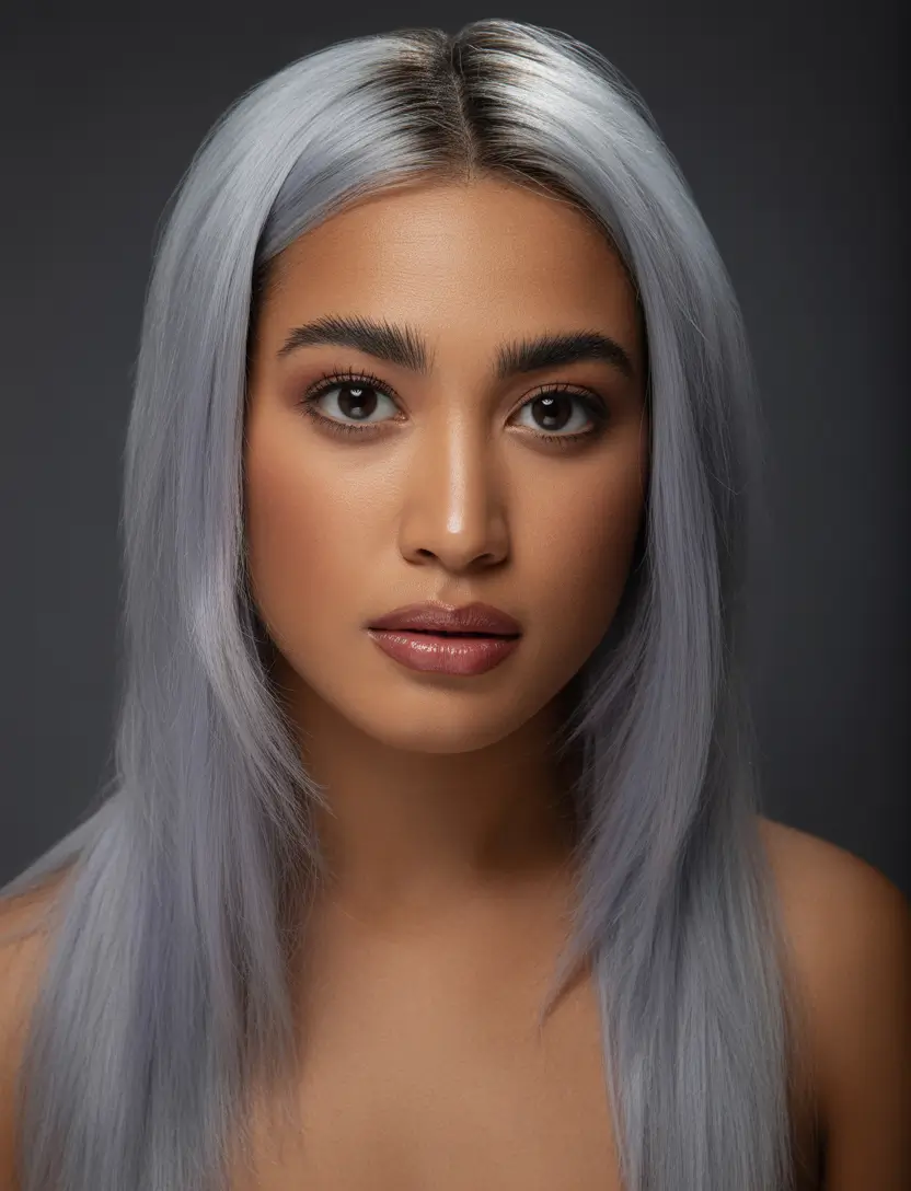 spring hair color for dark skin Cool Silver Straight With a Clean Center Part
