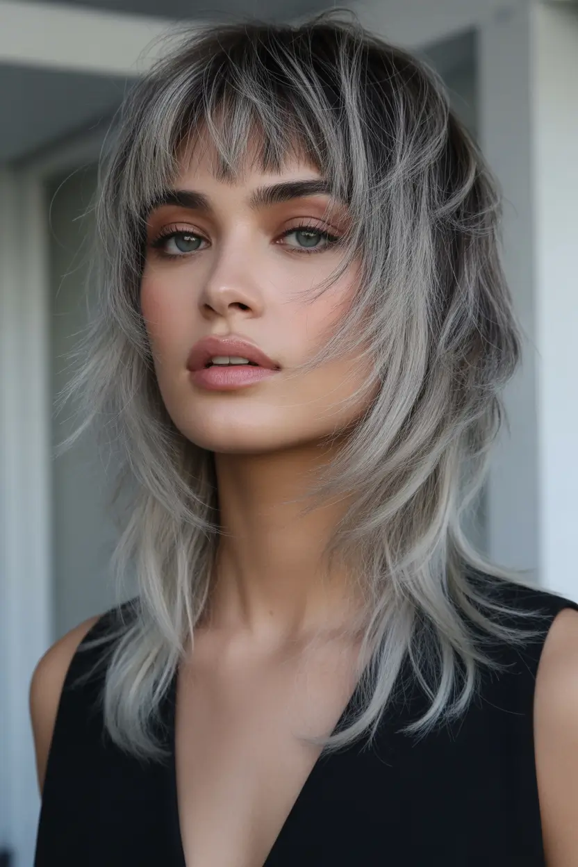 spring hair color for dark skin Silver Ash Shag With Wispy Fringe