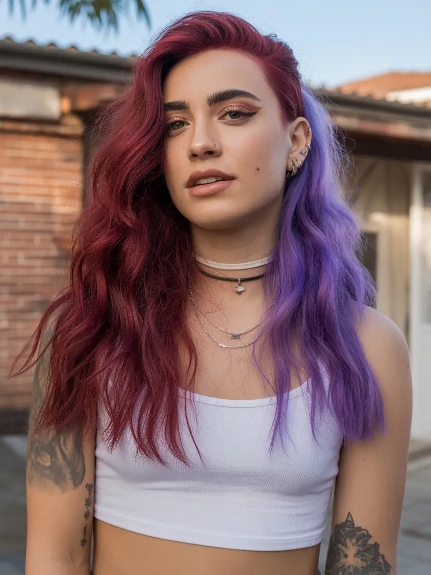 spring hair color for dark skin Cherry Wine and Lavender Split Color With Soft Waves