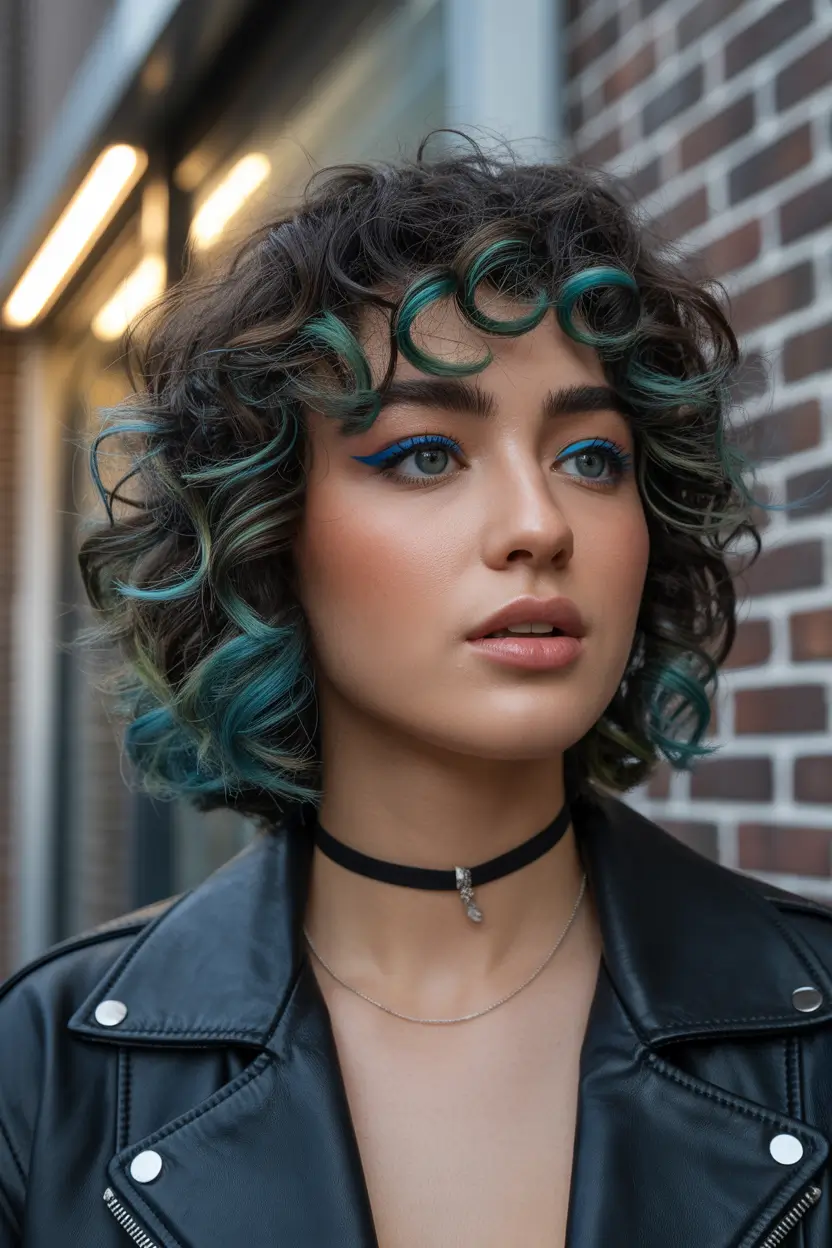 spring hair color for dark skin Teal-Accented Curly Bob With Playful Texture