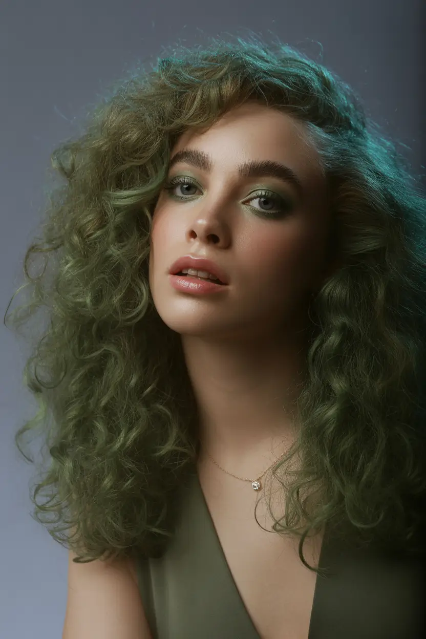 spring hair color for dark skin Moss Green Curly Volume With Soft Definition