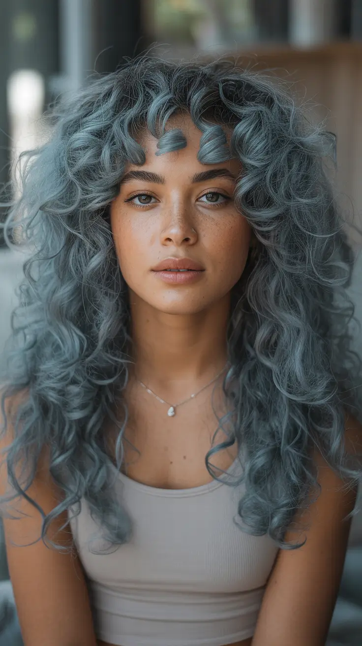 spring hair color for dark skin Steel Blue Curly Shag With Airy Bangs