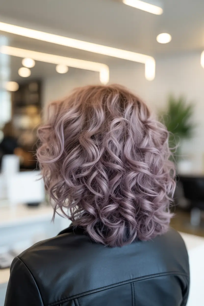 spring hair color for dark skin Dusty Lilac Curly Bob With Salon Finish