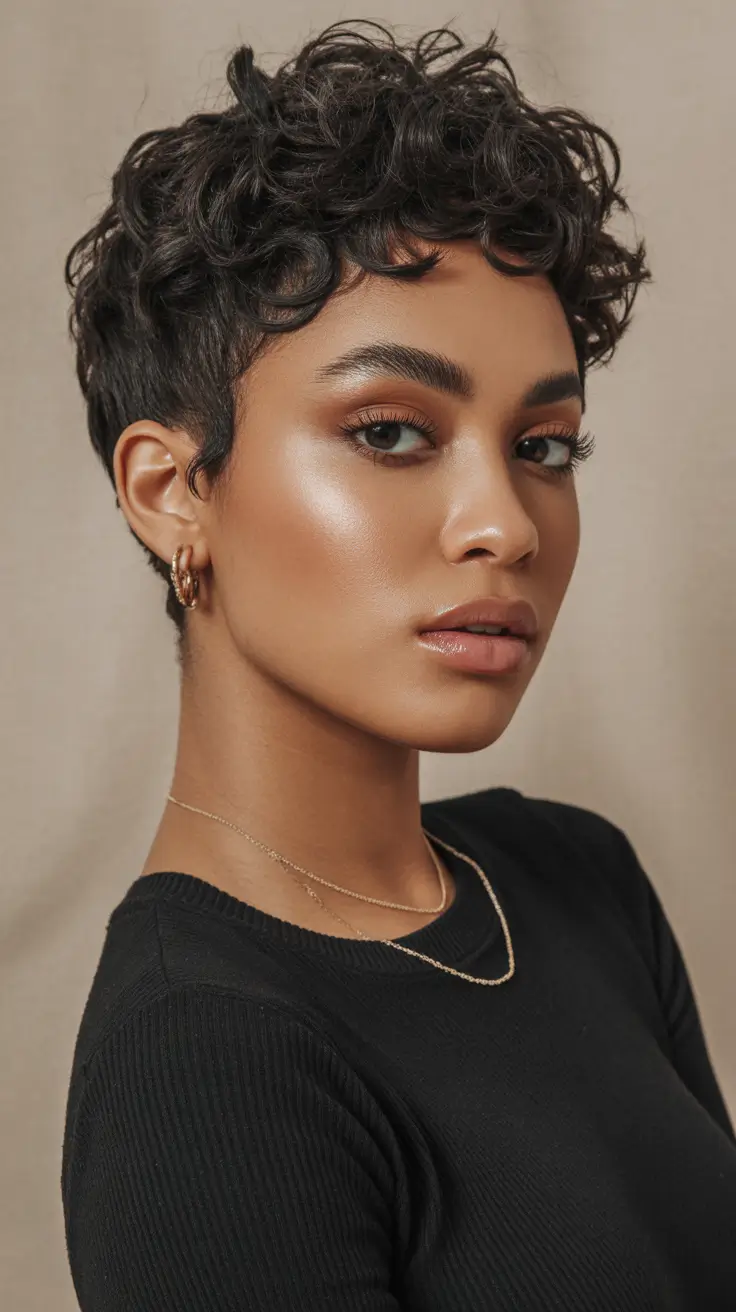 spring hair color for dark skin Natural Dark Curl Pixie With Soft Shine