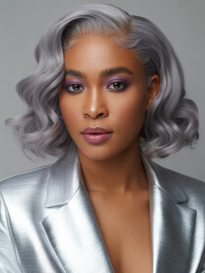 spring hair color for dark skin Cool Silver Hollywood Waves With a Metallic Finish