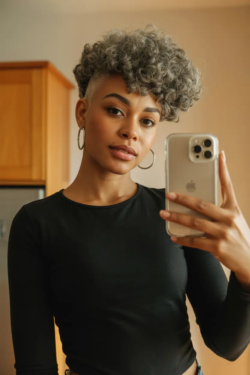 spring hair color for dark skin Smoky Gray Tapered Cut With Natural Volume