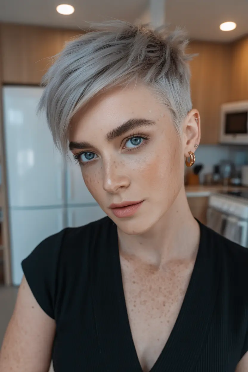 spring hair color for dark skin Icy Platinum Pixie With Soft Texture