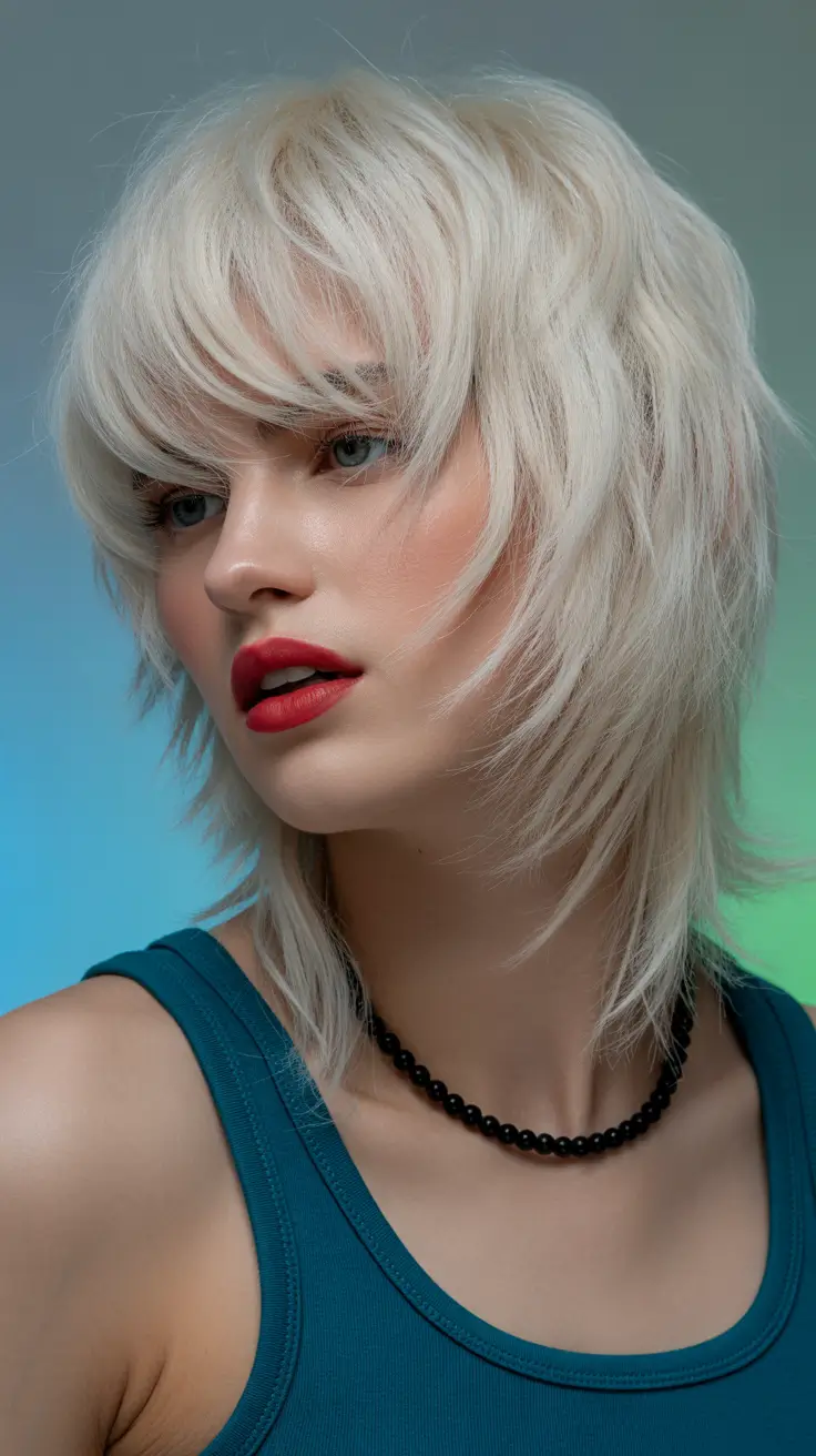 spring shag hairstyle Textured Platinum Shag With Soft Curtain Bangs