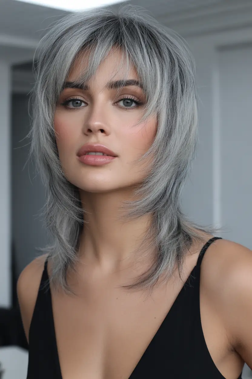 spring shag hairstyle Soft Silver Medium Shag With Feathered Elegance