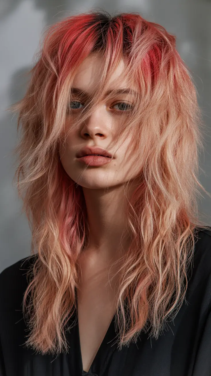 spring shag hairstyle Playful Peach-Toned Layered Shag for Soft Transformation